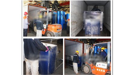 發(fā)往智利全自動機械輸送回收式噴砂房/噴丸房發(fā)貨裝車現(xiàn)場